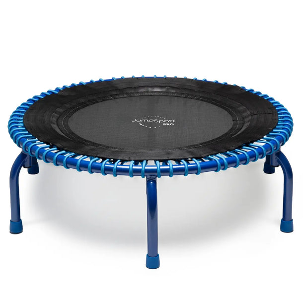 Blue and black trampoline on a white background