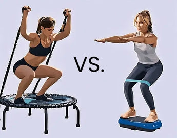 Rebounding versus Vibration Plates showing woman on trampoline and woman on vibration  plate