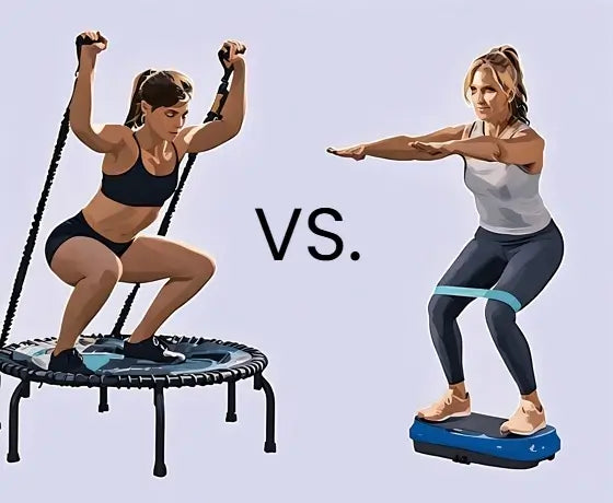Rebounding versus Vibration Plates showing woman on trampoline and woman on vibration  plate