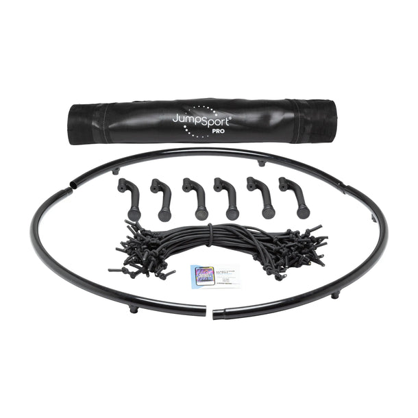 Jumpsport PRO three piece frame components, mat, legs and cords on a white background