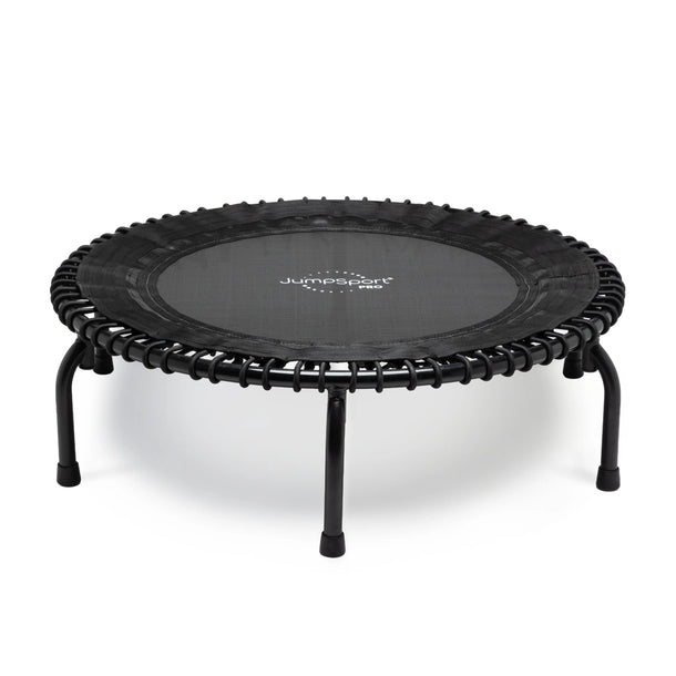 Black trampoline with 3 piece frame and JumpSport branding on a white background