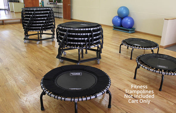 Rolling Storage Cart for JumpSport Fitness Trampolines in the gym